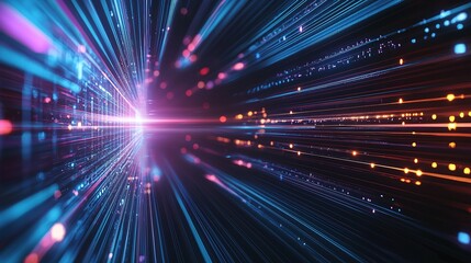 Naklejka premium An abstract representation of high-speed data transmission, featuring vibrant beams of light in blue, pink, and orange, creating a dynamic sense of movement and energy.