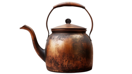Antique Copper Kettle: A close-up shot of an old, weathered copper kettle, showcasing its rustic charm and the patina of age, reflecting the warmth of a bygone era.