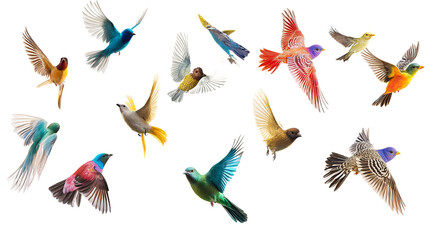 Obraz premium A vibrant explosion of colorful birds in mid-flight, a kaleidoscope of feathered friends soaring against a stark white background showcasing their vivid plumage.