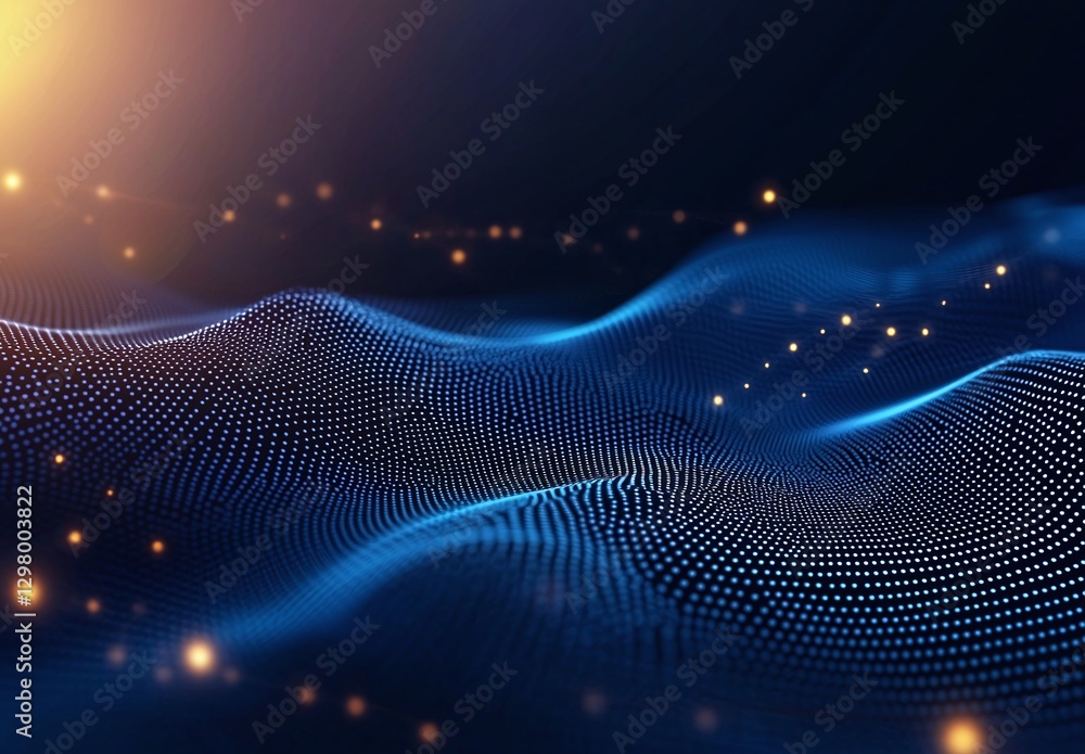 Poster an abstract representation of waves composed of digital dots, creating a mesmerizing visual effect. 