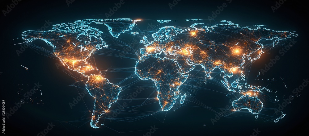 Poster an illuminated digital world map showcasing global connections and data flow, highlighting various c
