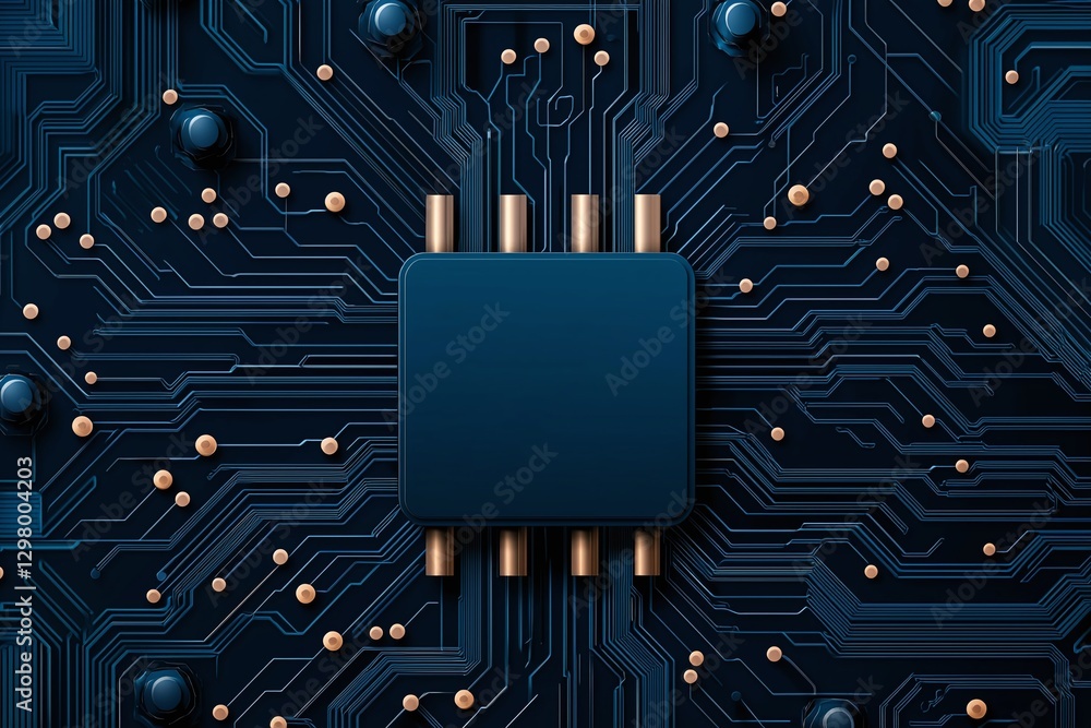 Poster close-up of a microchip on a circuit board, showcasing the intricate connections and layout. an idea