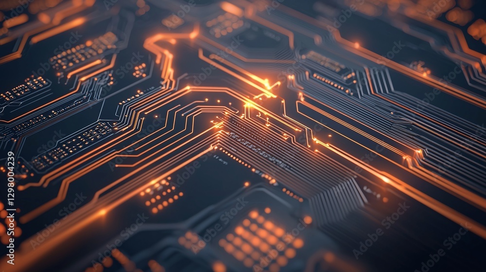 Poster close-up of a modern circuit board showcasing intricate patterns and glowing traces. perfect for tec
