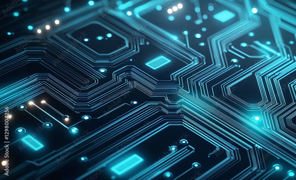 Poster close-up of a vibrant circuit board featuring intricate pathways and glowing lights, symbolizing adv