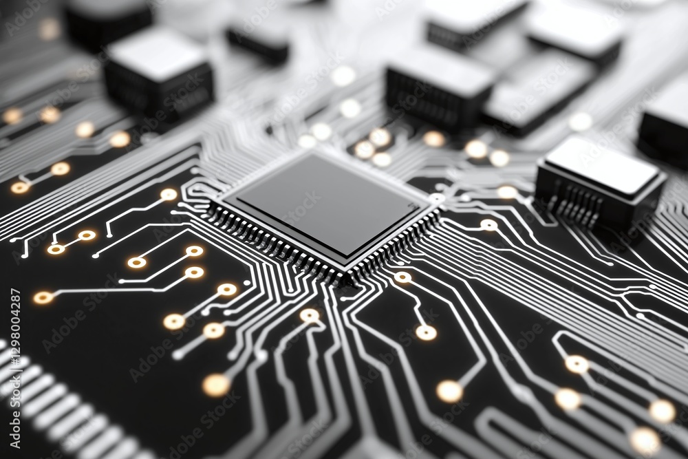 Poster close-up shot of a modern microchip and circuit board, showcasing intricate designs and connections.
