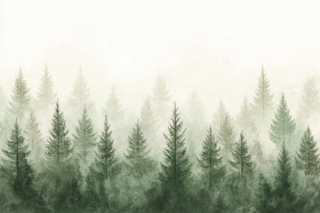 Fototapeta premium Serene Watercolor Painting of a Foggy Forest A Tranquil Landscape of Green Coniferous Trees in a Soft Mist, Creating a Peaceful and Dreamy