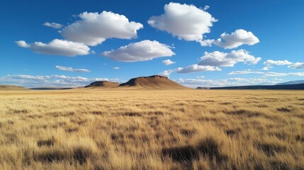 Fototapeta premium Expansive golden grassland under a vibrant blue sky dotted with fluffy clouds, featuring a distant mesa.