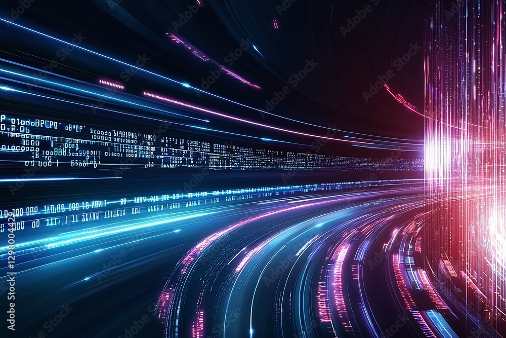 Poster dynamic abstract image showcasing vibrant digital lines and glowing data streams, representing speed