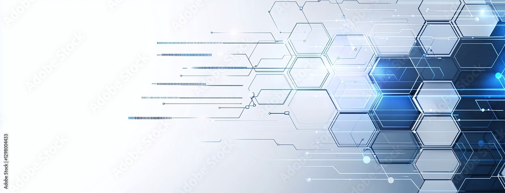 Poster dynamic abstract technology background featuring hexagonal shapes and flowing lines in blue tones, s