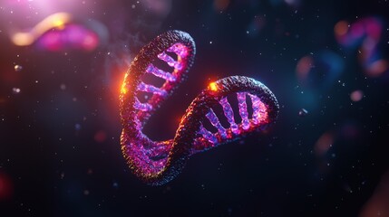 Helix structure model floating in space against a starry, abstract background