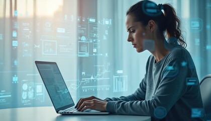 Young woman types on laptop with hud elements, works with virtual data, browses web, researches information, coding, programming. Businesswoman telecommuting, concentrates, multitask at home office.
