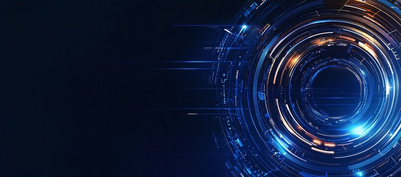 Dynamic abstract technology background featuring glowing circles and neon lights. Perfect for showcasing innovation, digital design, and futuristic concepts in various media.
