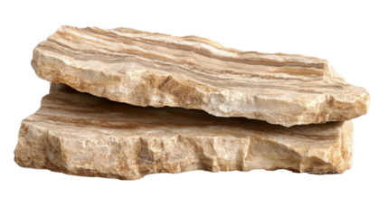 Natural Stone Layers: Two rough-cut, layered natural stone pieces, each showing a unique pattern, texture, and warm earthy tones.