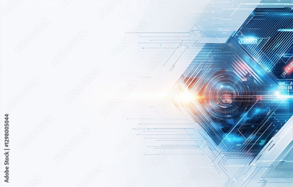 Poster futuristic abstract blue technology background with hexagonal shapes and glowing lights, perfect for