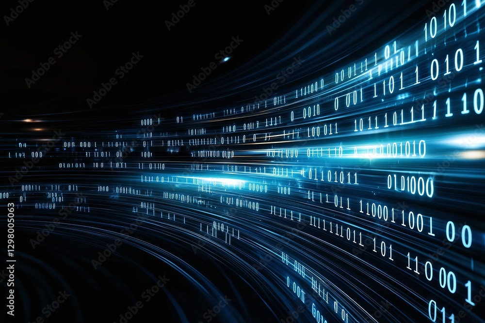 Poster futuristic abstract digital background featuring binary code flowing in a luminous blue pathway. rep