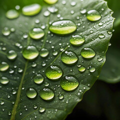 Detailed photograph showcasing glistening water droplets on a lush green leaf, emphasizing natural beauty and freshness.