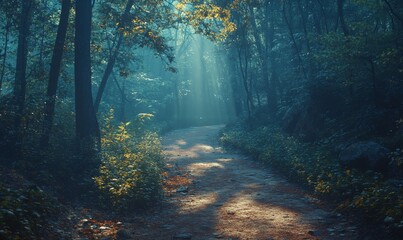 Obraz premium Mystical Forest Path Sunbeams Magical Woodland Scene Nature Trail blue dark trees woods light green 