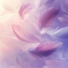 Obraz premium Soft Pastel Pink and Purple Feathers Floating on a Light Background Dreamy Airy Ethereal Delicate Gentle Calm Serene Peaceful Tranquil Texture