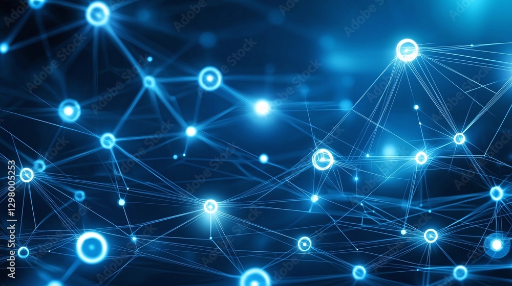Poster futuristic blue digital network with interconnected nodes and lines. visual representation of data c