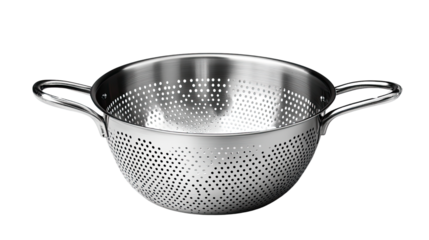 Shiny Colander: A stainless steel colander is presented, ready for straining or rinsing ingredients. 