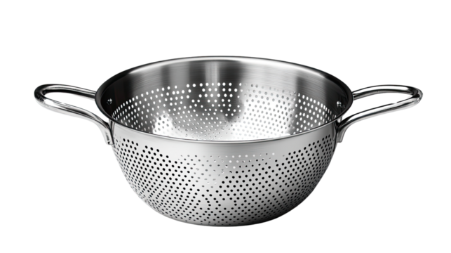 Shiny Colander: A stainless steel colander is presented, ready for straining or rinsing ingredients. 