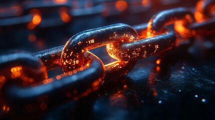 A chain made of binary data symbolizes the interconnectedness and disconnection in modern financial networks, highlighting the abstract concept of blockchain ecosystems and their impact on business an