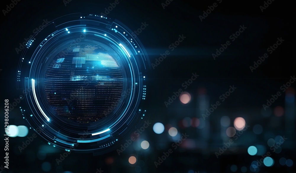Poster futuristic digital interface representing a virtual globe with glowing elements and city lights in t