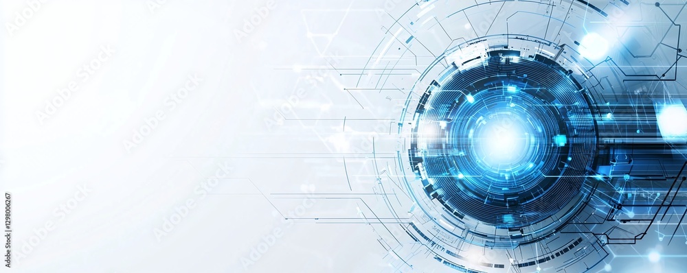 Poster futuristic digital interface showcasing a glowing orb surrounded by intricate lines and shapes, repr