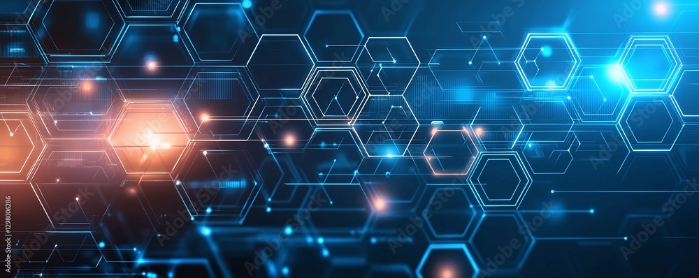 Poster futuristic digital interface with hexagonal patterns and glowing lights, representing advanced techn