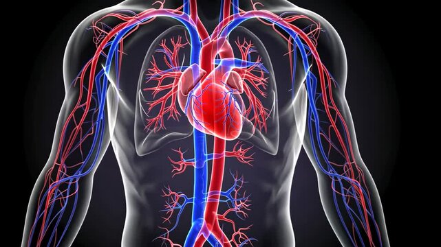 Detailed visualization of human cardiovascular system with highlighted heart and vessels.