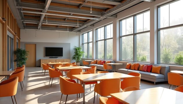 Spacious student lounge with large windows, comfortable seating, dining tables. Perfect for study, socializing. Modern room. University campus, hall center. Tables with orange chairs in study space, - Powered by Adobe