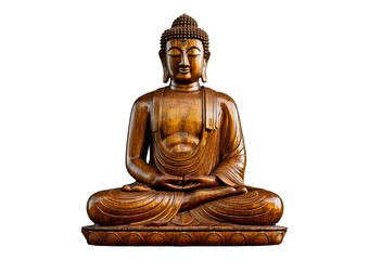A wooden statue of a Buddha sitting in a cross legged position. isolated on a transparent or white background.