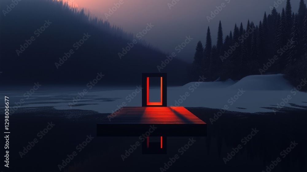 Poster digital illustration of a wooden dock in the middle of a lake. the dock is rectangular in shape and 