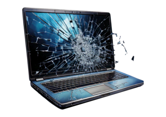 broken laptop with shattered screen, showcasing visible cracks and damage. keyboard. isolated on a transparent or white background.