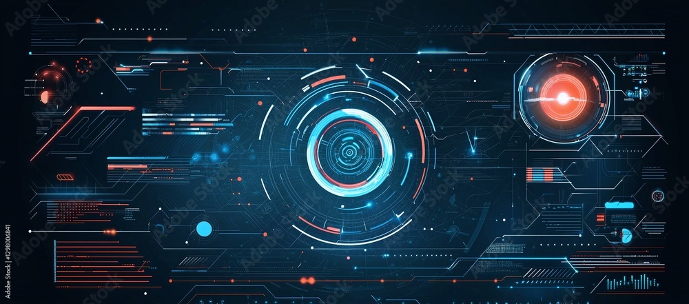 Poster futuristic user interface with digital elements displaying abstract data analysis, highlighting inno