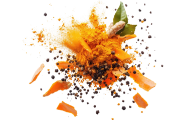 explosion of vibrant orange turmeric powder with spices and herbs, creating dynamic and colorful display against transparent background. image captures essence of culinary creativity and flavor