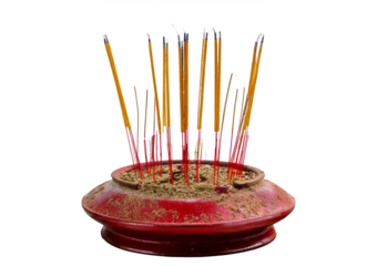 Close-up of incense burning at chinese new year altar isolated on a transparent or white background.