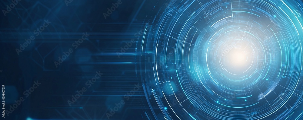 Poster this abstract image features a futuristic digital design with glowing circles and lines, symbolizing