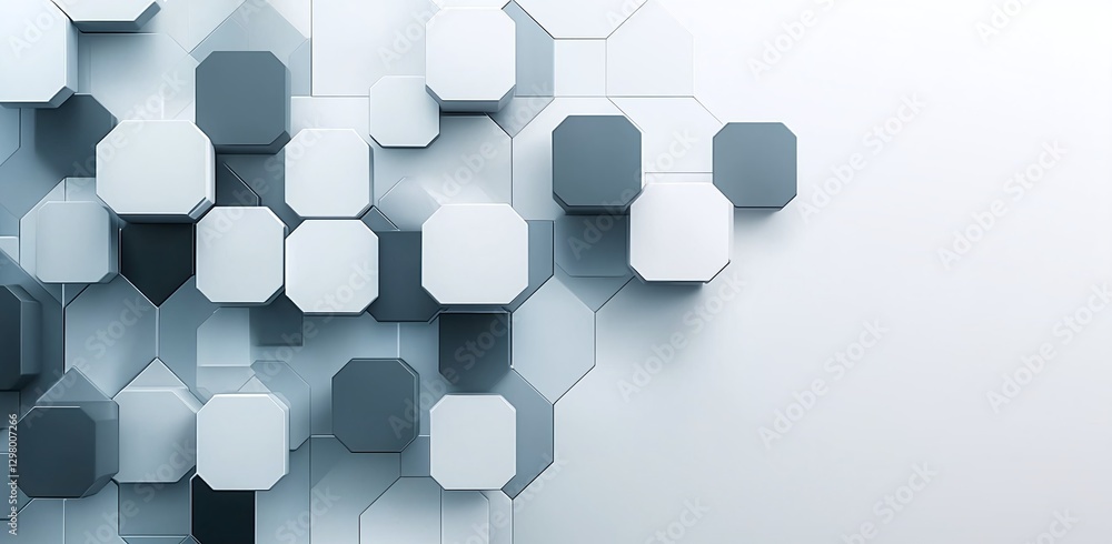 Poster this abstract image features a modern geometric pattern with hexagons in shades of grey and white, c