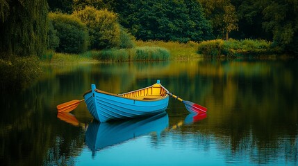 Peaceful blue rowboat on tranquil lake, surrounded by forest