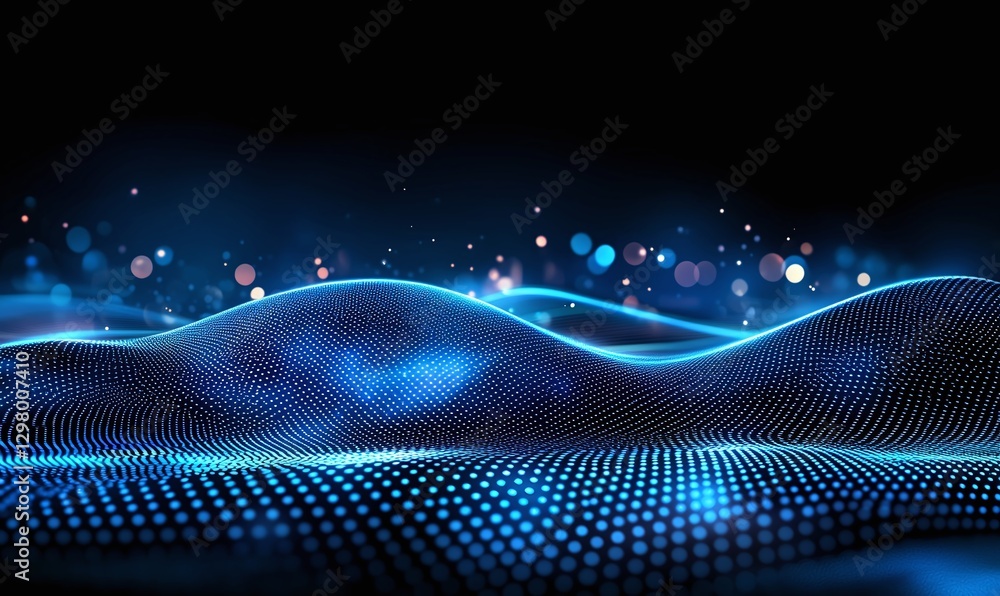 Poster this captivating digital landscape showcases flowing blue waves adorned with shimmering dots, evokin