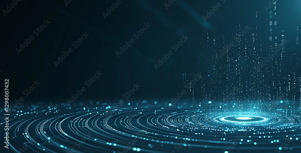 Poster this captivating image features an abstract digital landscape characterized by glowing circles and p