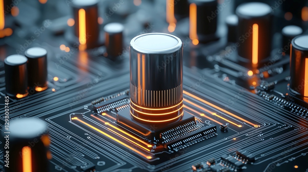 Poster this close-up image showcases intricate details of a modern circuit board with glowing components. i