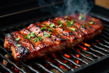 Smoked brisket on black BBQ grill with wood chips, grill, dinner, food