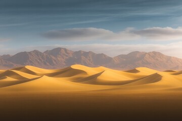 Naklejka premium Vast desert landscape with rolling golden dunes beneath serene s