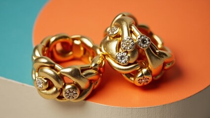 Chunky Gold Ring. Two gold rings are sitting on colorful surface