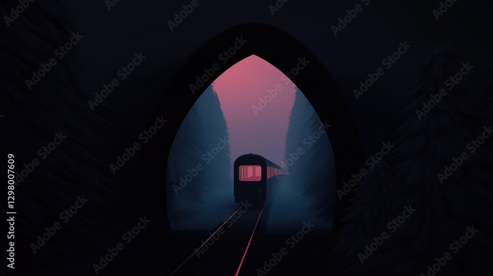 Poster digital illustration of a train going through a tunnel. the tunnel is dark and has a large archway i