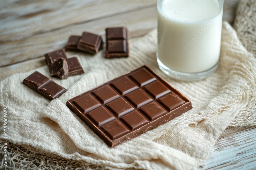 Aufkleber chocolate bar and broken pieces beside a glass of milk on a textured cloth in soft lighting. generat
