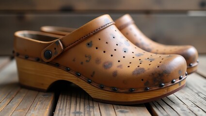 Clogs. Brown leather clogs with perforated holes and adjustable strap standing on wooden floor, perfect for casual wear, spring fashion, comfortable footwear, rustic background, natural warm tones