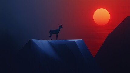Fototapeta premium Digital illustration of a silhouette of a deer standing on top of a mountain peak. the background is a gradient of red and orange, with the sun setting in the top right corner.
